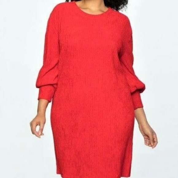 Eloquii Dresses & Skirts - Dress-14/16 (1X) Red Crinkle Long Puff Sleeves Pullover Eloquii Plus Size X-Mas